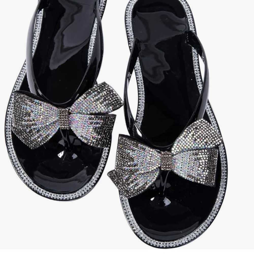 Black Bow jelly sandals thong flip flops beach summer crystal rhinestone Barbie